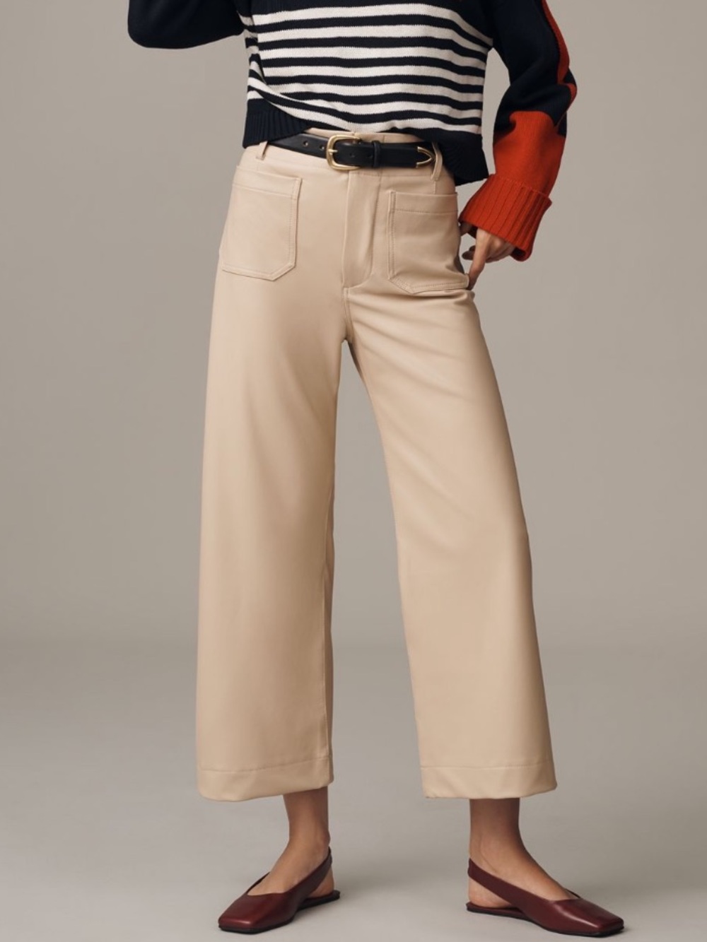 🟤NWT MAEVE/ANTHROPOLOGIE Colette Faux Leather Crop Wide-Leg Pants Beige 27 Tall